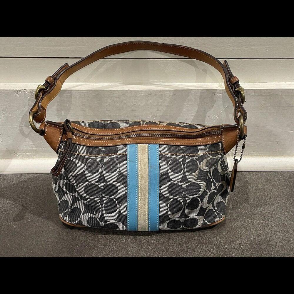 Vintage Coach Handbag Blue Denim Brown Leather 7041